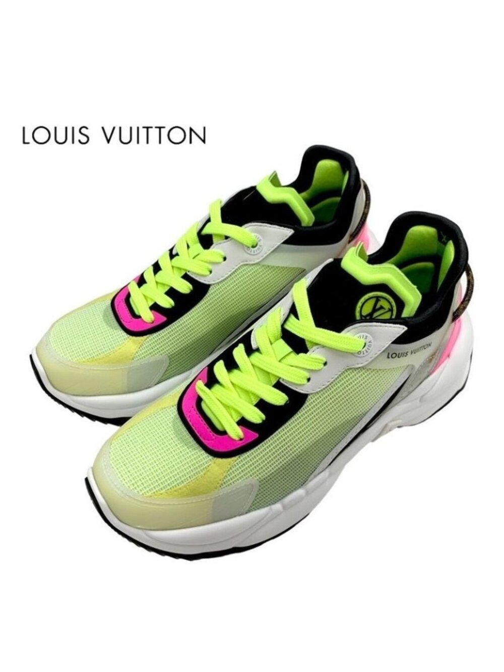 Louis Vuitton Run 55 Line Monogram Sneakers Shoes Fabric Neon Yellow Pink - Picture 1 of 10